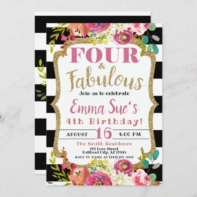 Invitación Chica Fall Floral Cuatro y Fabuloso Cuarto Cumplea (Anverso / Reverso)