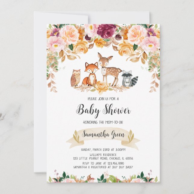 Invitación Chica Fall Woodland Baby Shower (Anverso)