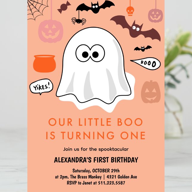 Invitación Chica Fantasma Naranja Cumpleaños 1 Halloween (Halloween-1st-birthday-Invitation-ghost-girl-orange-1)