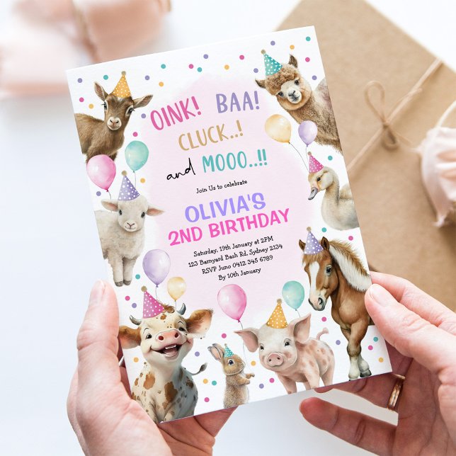 Invitación Chica Farm Animals Barnyard Balloon Party Birthday (Subido por el creador)