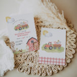 Invitación Chica Farm Animals Barnyard Birthday Party<br><div class="desc">Adorable invitación de cumpleaños con temática de granja con animales de granja,  un granero y una huella de gingham rosa.</div>