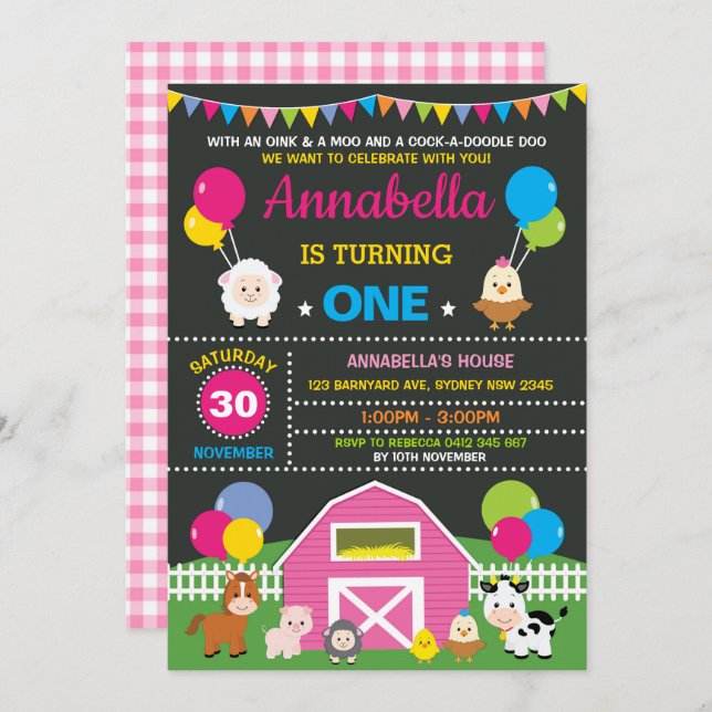 Invitación Chica Farm Barnyard Animals Pink Birthday Party (Anverso / Reverso)