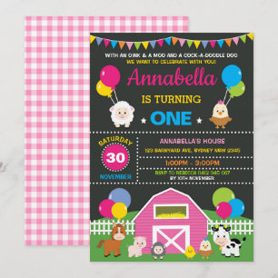 Invitación Chica Farm Barnyard Animals Pink Birthday Party