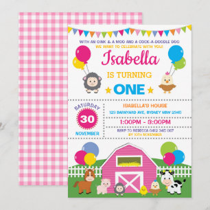 Invitación Chica Farm Barnyard Birthday Party Pink Petting Zo
