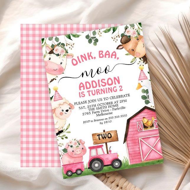Invitación Chica Farm Pink Barn Tractor Cumpleaños (Oink Baa Moo Pink Farm Birthday Invitation, Pink Tractor Pink Barn Farmyard Animals Barnyard Invite)