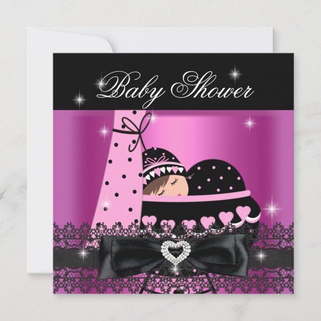 Invitación Chica Fiesta Baby Shower Rosa Black Lace (Anverso)
