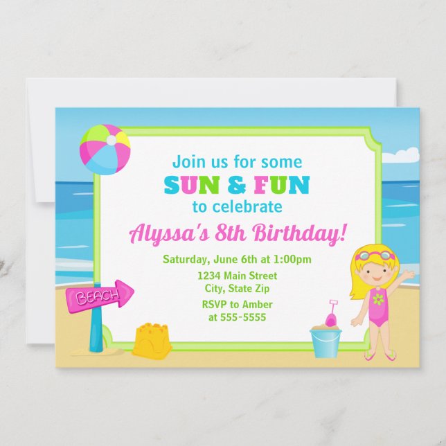Invitación Chica Fiesta de Beach Birthday Invitation (Anverso)