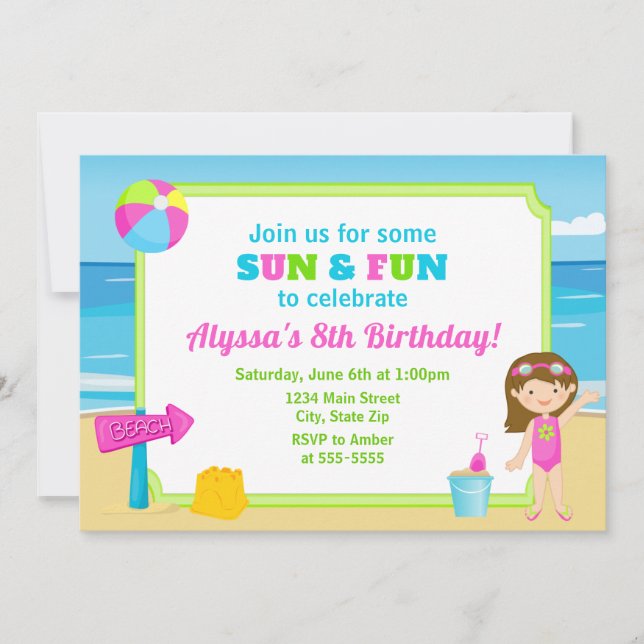 Invitación Chica Fiesta de Beach Birthday Invitation (Anverso)