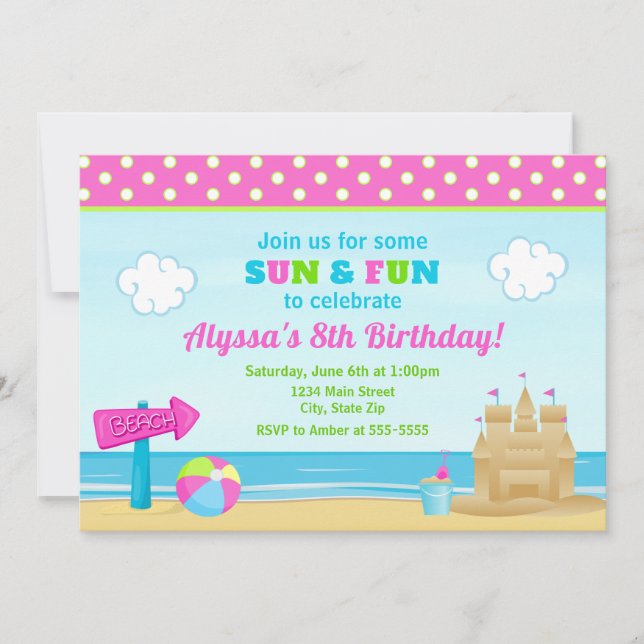 Invitación Chica Fiesta de Beach Birthday Invitation (Anverso)