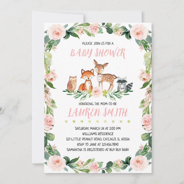Invitación Chica Fiesta de Bebé Floral Bosque (Anverso)