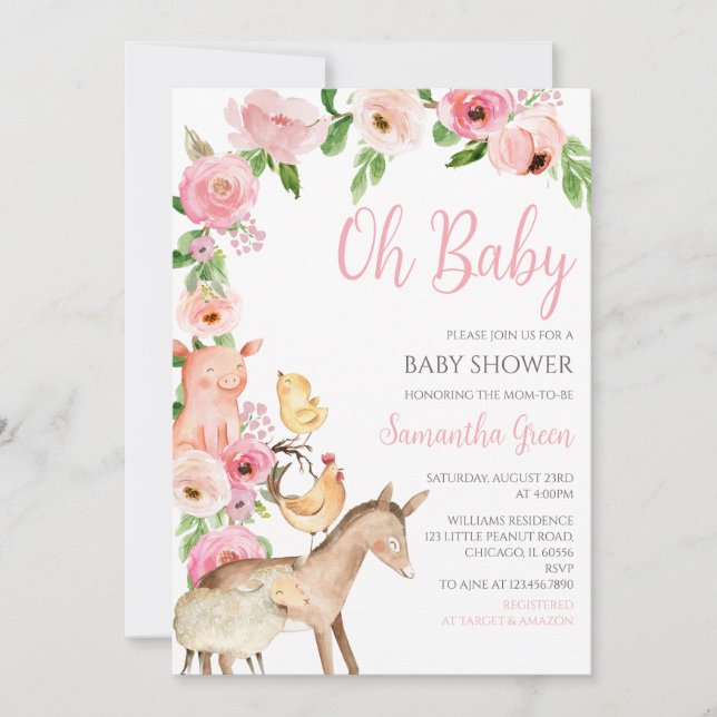 Invitación Chica Fiesta de Bebé Granja Rosa (Anverso)