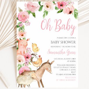 Invitación Chica Fiesta de Bebé Granja Rosa
