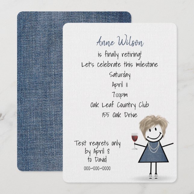 Invitación Chica Fiesta de Jubilación con Vidrio Vino (Anverso / Reverso)