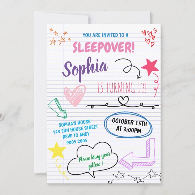 Invitación Chica Fiesta de Sleepover Niños adolescentes Días  (Anverso)
