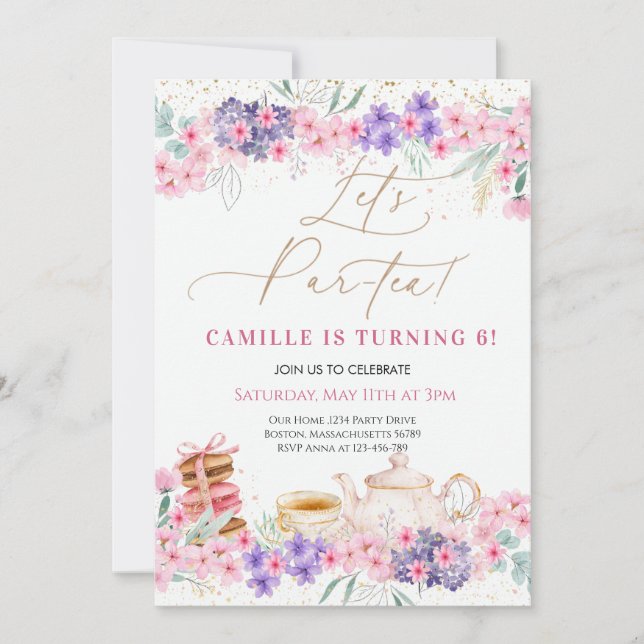 Invitación Chica Fiesta de té con flor rosa Cumpleaños (Anverso)