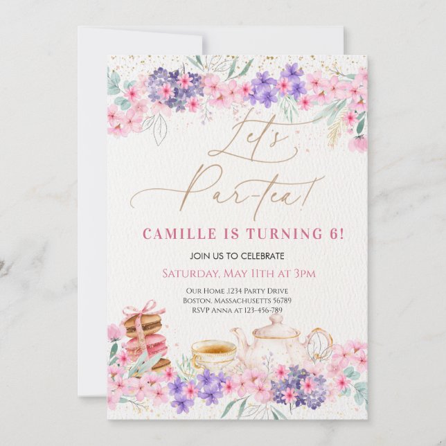 Invitación Chica Fiesta de té con flor rosa Cumpleaños (Anverso)