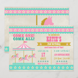 Invitación Chica Fiesta del carrusel de oro color turquesa ro