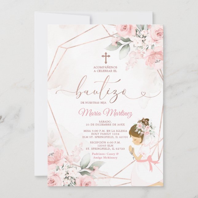 Invitación Chica Fiesta Rosa Oro Bautizo Mexicano Floral Rosa (Anverso)