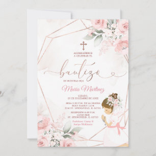 Invitación Chica Fiesta Rosa Oro Bautizo Mexicano Floral Rosa