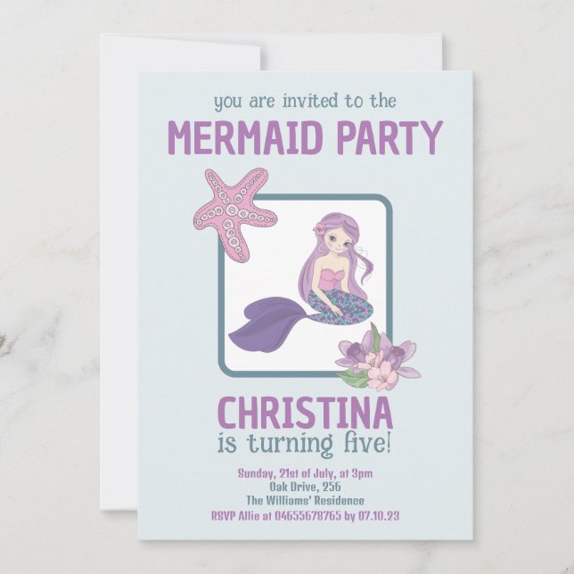 Invitación Chica Fiesta Sirvienta Cumpleaños Morado Verde azu (Anverso)