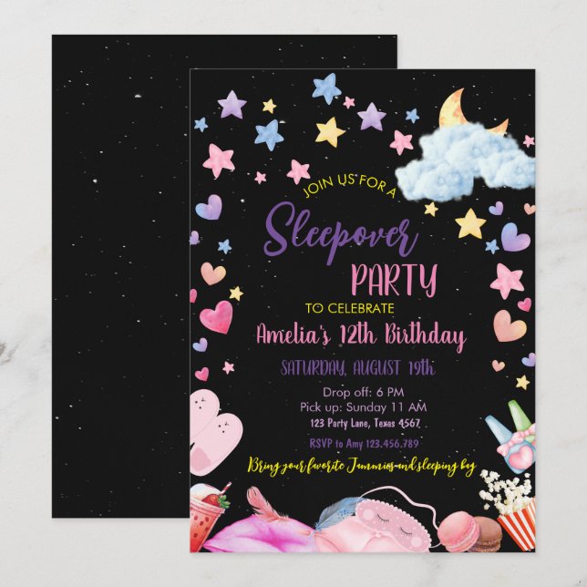 Invitación Chica Fiesta Sleepover Niños Adolescentes Slumber  (Anverso / Reverso)