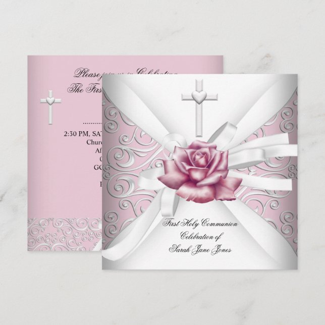 Invitación Chica First Holy Communia Damask Rosa Blanco (Anverso / Reverso)