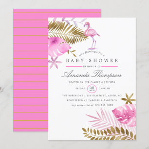 Invitación Chica flamenco tropical rosa y dorado para baby sh