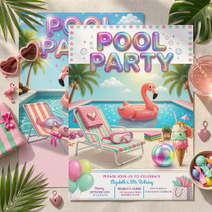 Invitación Chica Flamingo Pastel Cumpleaños 10 Piscina Fiesta