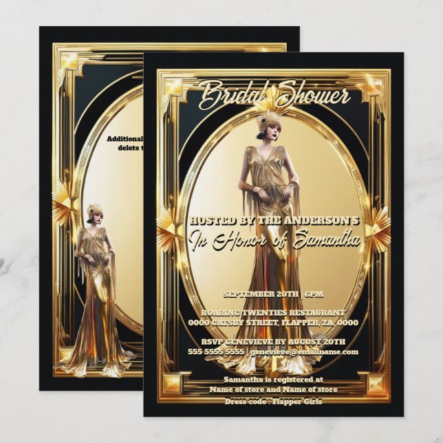 Invitación Chica flapper de El Gran Gatsby marco dorado retro (Anverso / Reverso)