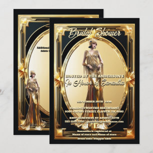 Invitación Chica flapper de El Gran Gatsby marco dorado retro