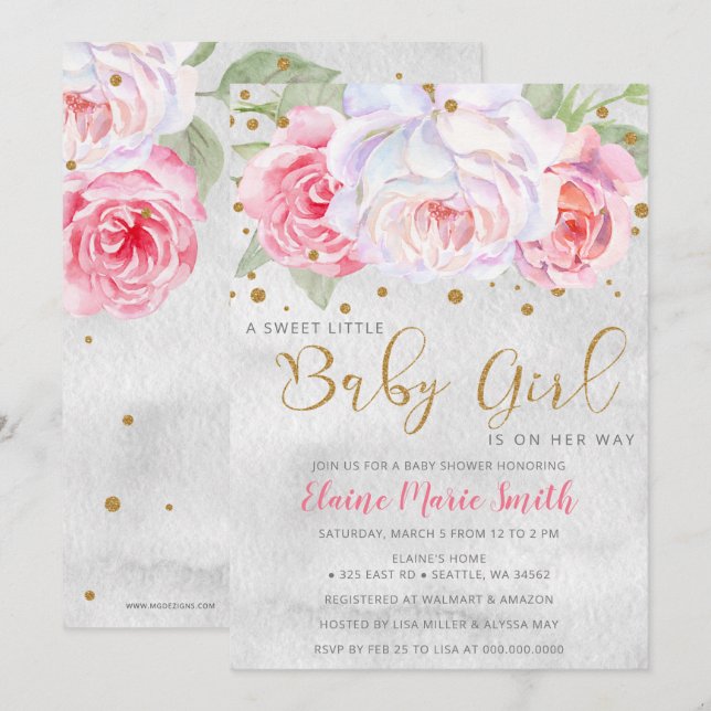 Invitación Chica floral acuática rosa Rubor Gold Baby Shower (Anverso / Reverso)