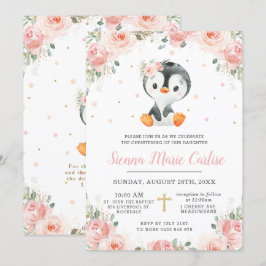 Invitación Chica floral Adorable Penguin Rubor Christening