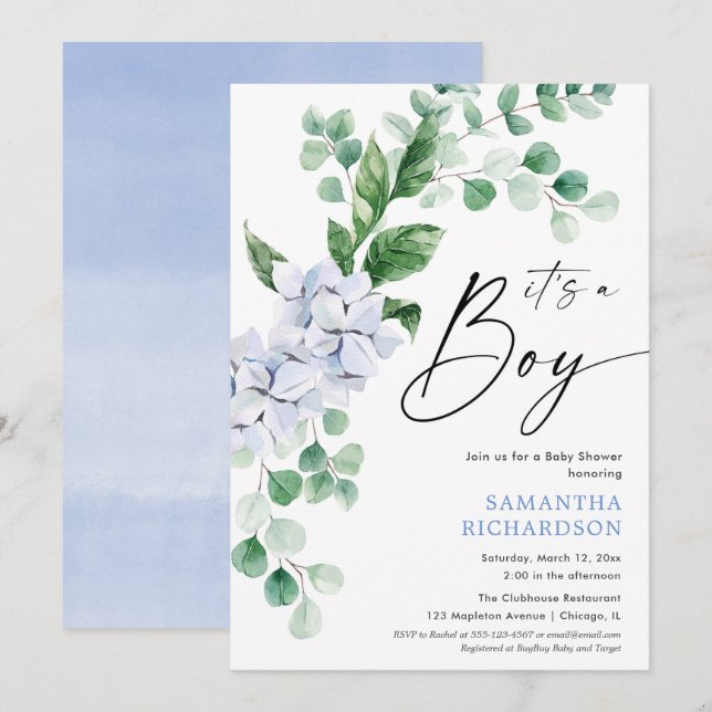 Invitación Chica floral azul primaveral de bebé ducha (Anverso / Reverso)