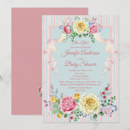 Invitación Chica floral azul rosado Baby Shower