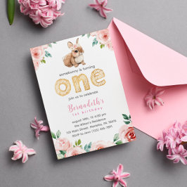 Invitación Chica floral Baby Bunny Primer Fiesta de cumpleaño