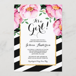 Invitación Chica floral Baby Shower de las rayas de la