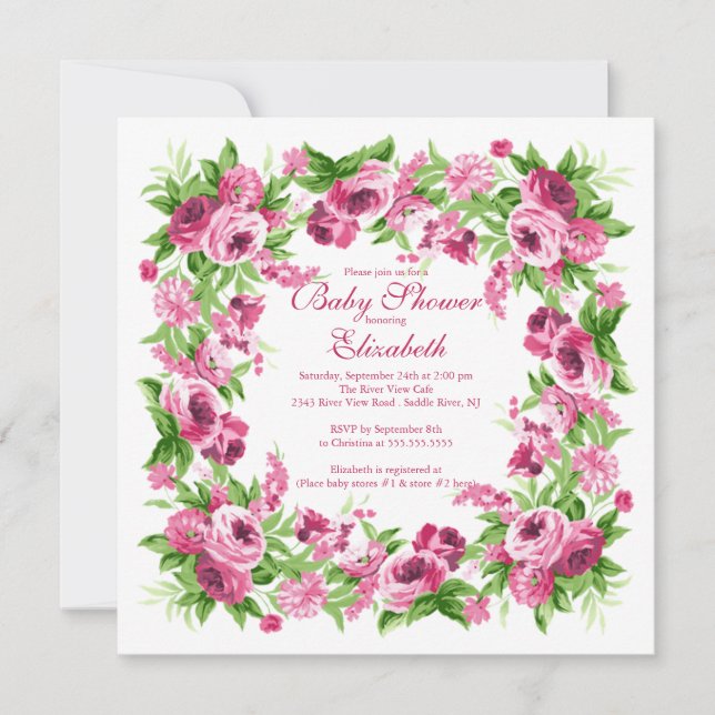 Invitación Chica floral Baby Shower de los Peonies rosados (Anverso)