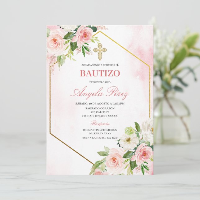 Invitación Chica Floral Bautizo Español (Anverso de pie)