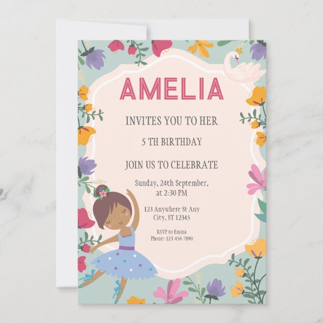 Invitación Chica floral Black Ballerina Princess Birthday (Anverso)