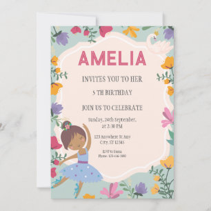 Invitación Chica floral Black Ballerina Princess Birthday