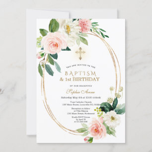 Invitación Chica Floral Blanca Rosa 1er cumpleaños y bautismo