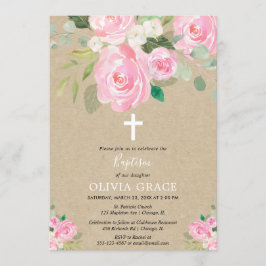Invitación Chica floral blanco rosado rústico del bautismo de