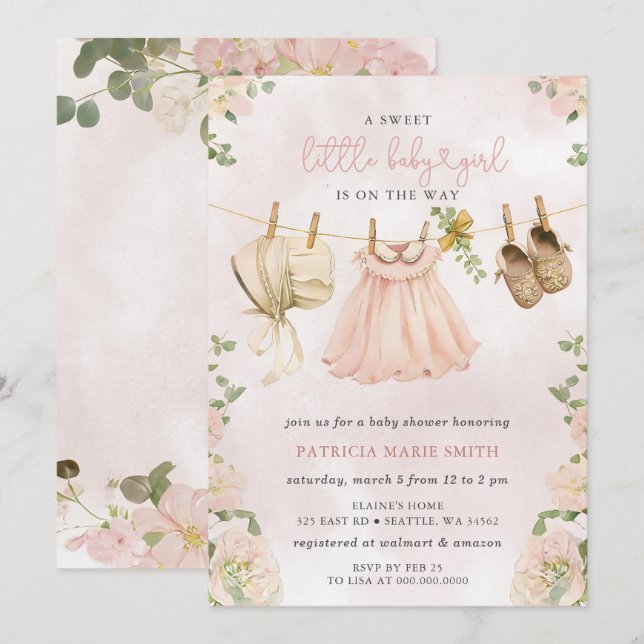 Invitación Chica floral Boho Clothesline Baby Shower (Anverso / Reverso)