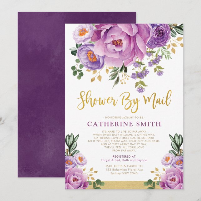 Invitación Chica Floral Boho Violet Gold Baby Shower Por Corr (Anverso / Reverso)