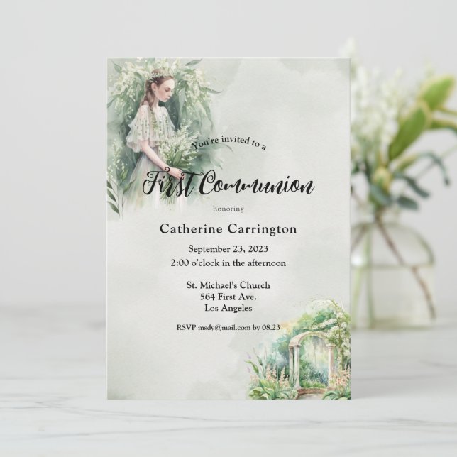 Invitación Chica floral bonito Primera Comunión (Anverso de pie)