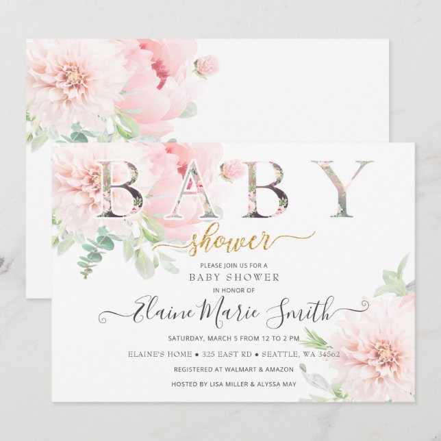 Invitación Chica floral bonito rosa Baby Shower (Anverso / Reverso)