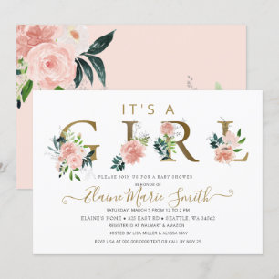 Invitación Chica floral bonito rosa Baby Shower