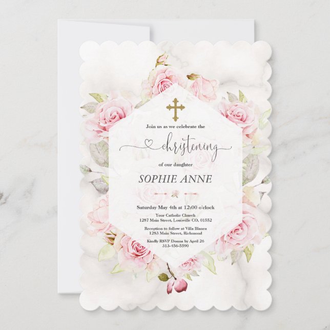 Invitación Chica floral bonito Rubor Christening Calligraphy (Anverso)