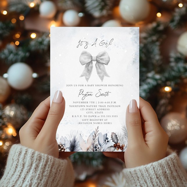Invitación Chica Floral Botánico Bow Winter Snow Baby Shower (Subido por el creador)