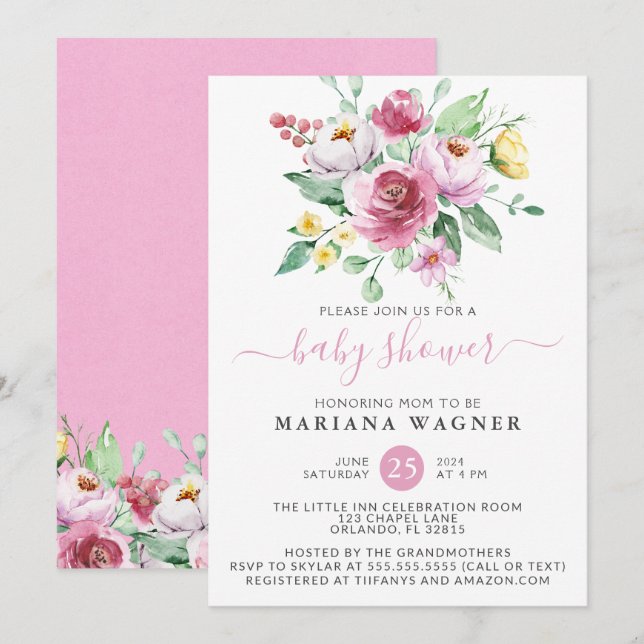 Invitación Chica floral color agua rosa Baby Shower (Anverso / Reverso)